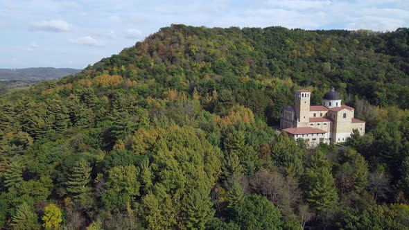 panoramic view of religious chapel on mountainside in western Wisconsin in autumn.