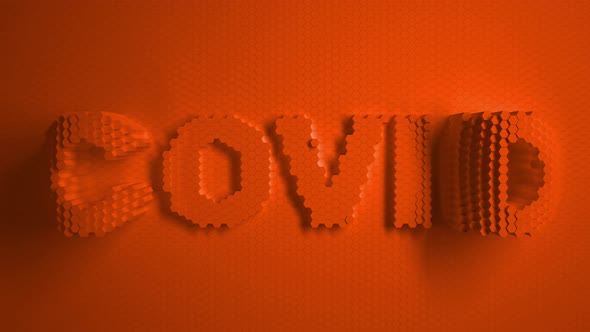 Covid Logo text Orange mosaic surface with moving hexagons