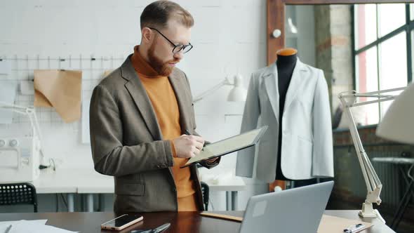 Creative Designer Drawing with Modern Tablet Standing in Tailoring Studio alt