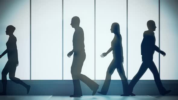 Silhouettes of a crowd of backlighted people walking in bright spacious lobby. alt