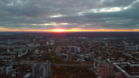 Aerial epic city at sunset, Kharkiv center streets