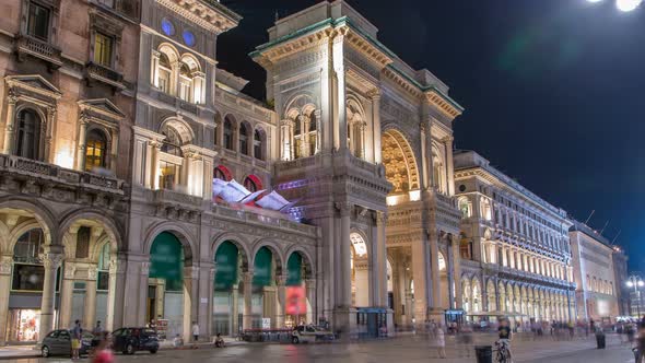 Night View of Vittorio Emanuele II Gallery Timelapse in Milan Italy alt