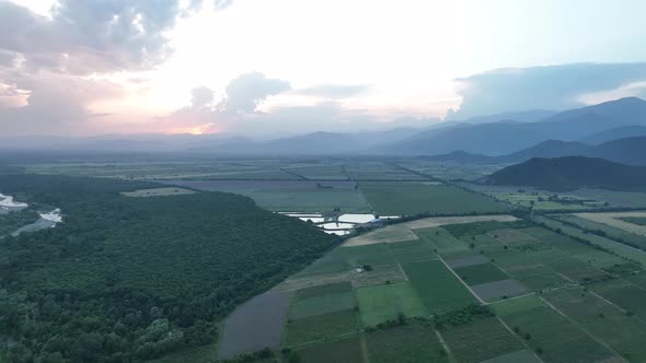 Flying over Alazani river at sunset. Kvareli, Georgia 2022 summer alt