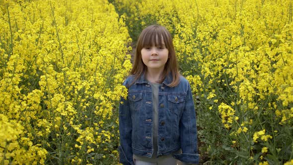 Adorable and Happy Little Girl Walking Through Blooming, Yellow Canola Field at Sunny Summer Day alt