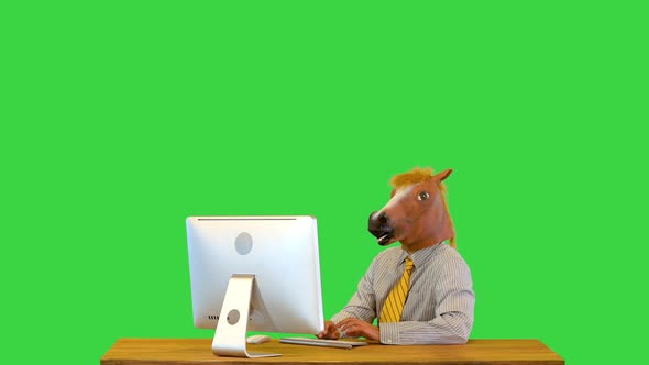 Confident Computer User Corporate Office Worker in Horse Mask Work on Pc Typing Emails and Reports alt