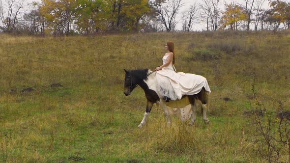 Red-haired Female in Beige Dress Is Riding Horse Along Meadow alt