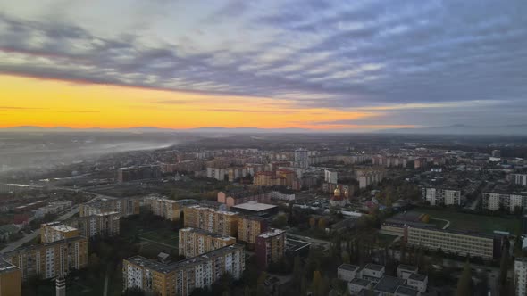 Surise Bright Horizon Burning Skies Morning Idyllic Scene Aerial View in the Residential Area on alt