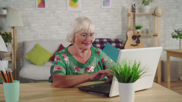 Old Woman Uses a Laptop While Sitting in the Living Room alt