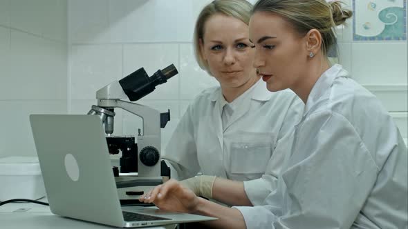 Two Young Positive Scientists Working in Laboratory Using Microscope and Laptop alt