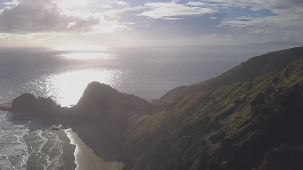 Aerial of Cape Reinga lighthouse during sunset