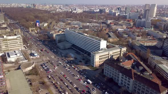 Drone flight over the campus of the Technical University of Berlin with a view of the Tiergarten, Ba alt