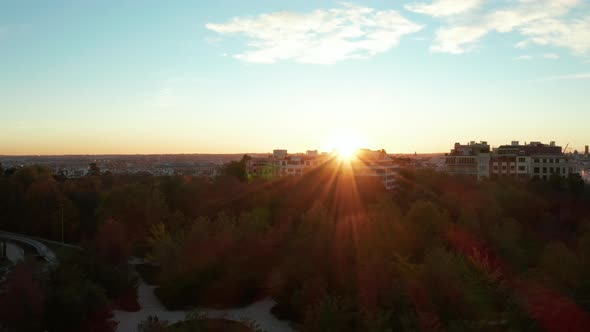 Fly Against Bright Setting Sun Hiding Behind Apartment Buildings at Public Park alt