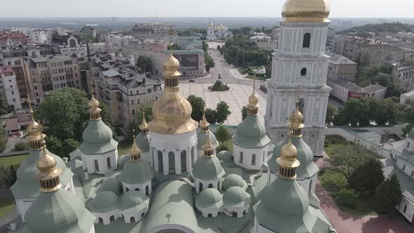 Kyiv. Ukraine: Saint Sophia's Cathedral in Kyiv, Aerial View, Slow Motion, Flat, Gray alt