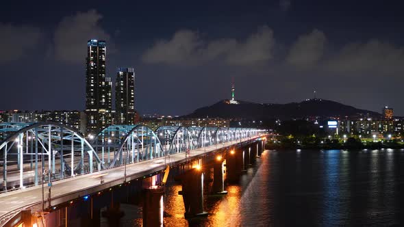 Seoul Night Han River Dongjak Bridge Traffic alt