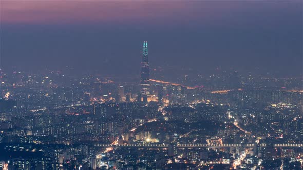 Seoul, Korea, Timelapse  - The Lotte Tower from Day to Night as seen from Namhansanseong Fortress