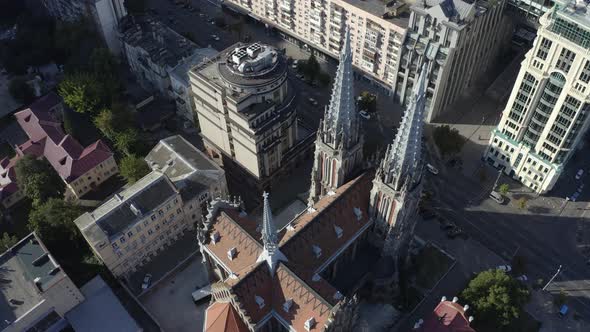 Top Drone View of Roman Catholic Church of St. Nicholas Also a National House of Organ and Chamber alt