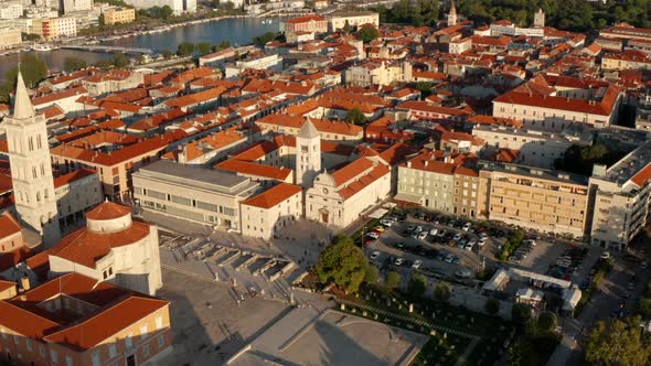 Archaeological Museum Zadar With Ruins And Cathedral At Dusk In Zadar, Croatia. - aerial alt
