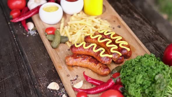 Closeup View of Tasty Grilled Sausages on Wooden Serving Board with French Fries and Sauces alt