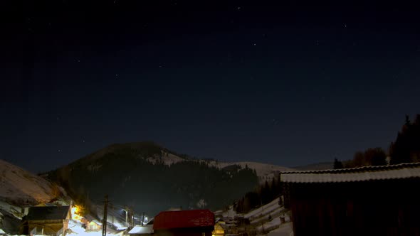 Night Starry Sky Over Mountain Village