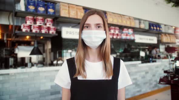 Coffee Shop Restaurant Woman Owner Working With Face Mask Open After Lockdown Coronavirus Quarantine alt