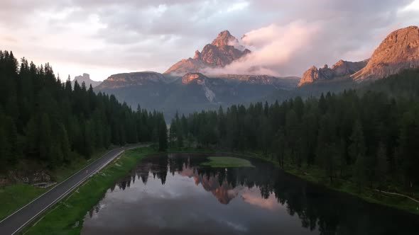 Mountain lake in the Dolomites with Tre Cime di Lavaredo reflection alt