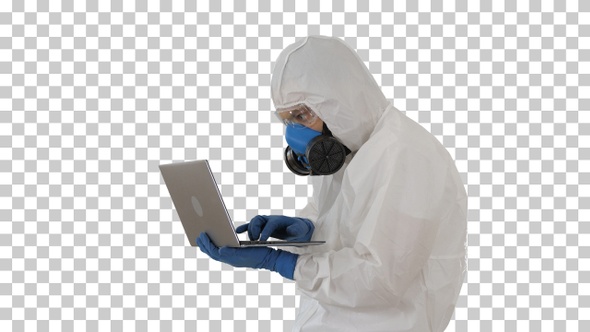 Doctor in protective suit working on laptop, Alpha Channel alt