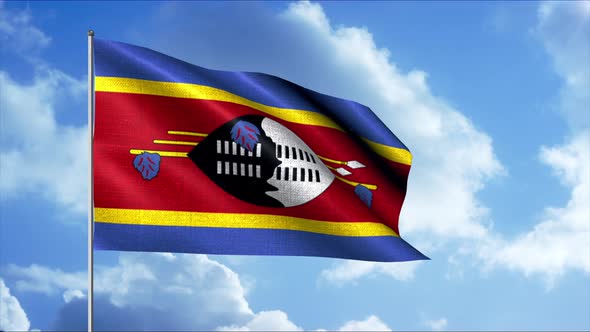 Eswatini flag is flying on background of blue sky alt