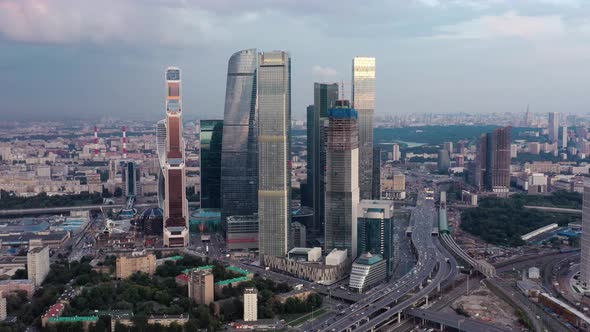 Aerial Drone Zoom Out of Moscow Business Center alt