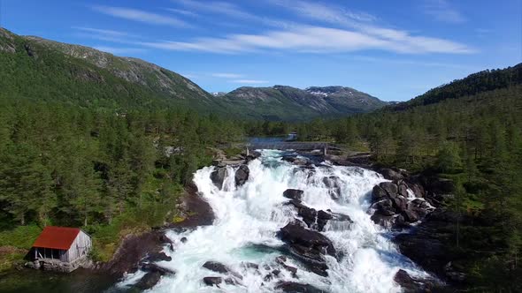 Waterfall Likholefossen in Norway, aerial view alt