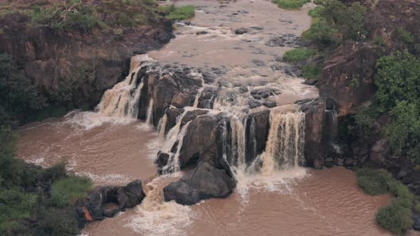 Waterfall in river in Laikipia, Kenya. Aerial drone view