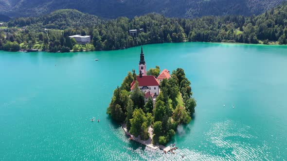 Lake Bled Island with church cinematic front view alt