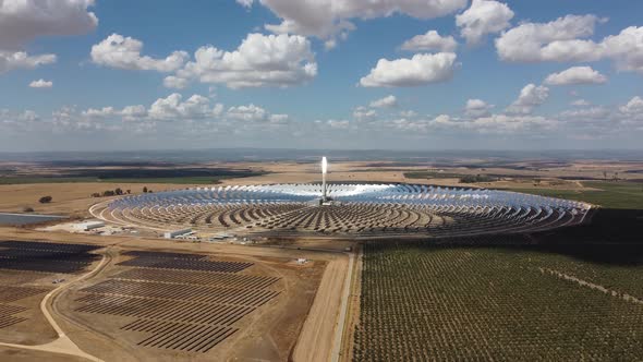 Drone view of Gemasolar Thermosolar Plant in Spain. Solar energy. Green energy. Renewable energy.