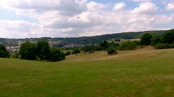 Flight with a DJI Phantom 4 Drone through 2 trees towards a rural, german village located in a beaut alt
