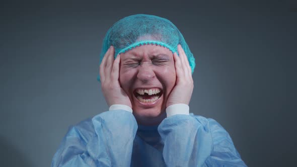 Portrait of Woman Patient in Hospital in Medical Clothes After Car Accident Received Face Injury and alt
