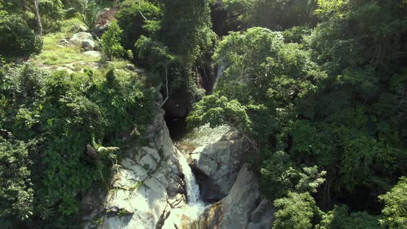 Breathtaking Landscape Of Yelapa Waterfalls In Deep Forest Mountains In Jalisco, Mexico. Aerial Tilt alt