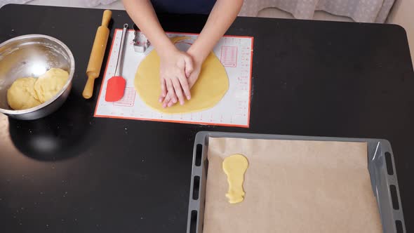 Unrecognizable Boy Cuts a Christmas Tree Out of Dough Using a Shape alt
