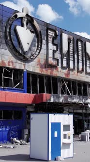 Vertical Video of a Destroyed Shopping Mall During the War in Bucha Ukraine alt