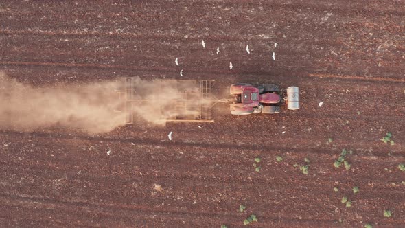 Red Tractor plowing a large field, Early morning follow footage. alt