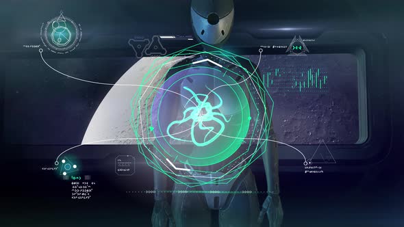 An Alien Robot Is Analyzing Data On An Unknown Living Organism 4K alt