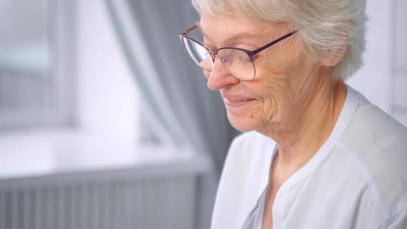 Grey haired old grandmother in glasses looks downward alt