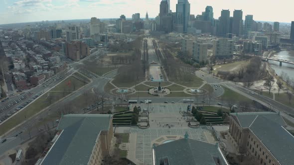 Drone Shot Descending Past Philadelphia Museum of Art and Washington Monument