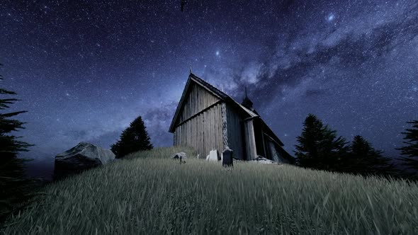 Wooden Chalet and Night Milky Way View alt