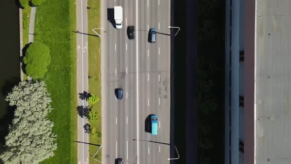 Drone Flies Over the City Traffic