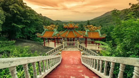 Panorama Sunset of Chinese Temple on Koh Phangan Island, Thailand in a Summer Day alt