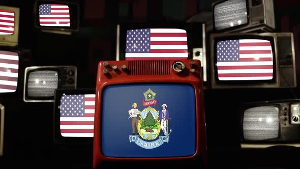 Flag of Maine and US Flags on Retro TVs. alt