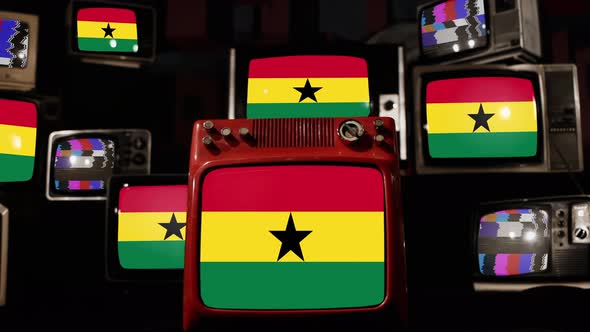 Flag of Ghana on Retro TVs. 4K.