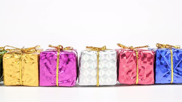 Stop motion animation colourful gift boxs isolated on white background