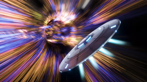 Unidentified Flying Object (UFO) flying through a colourful star tunnel. 4KHD alt