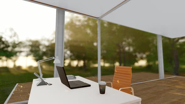 Workplace With Notebook Laptop Comfortable Work Table In Office Windows And Nature