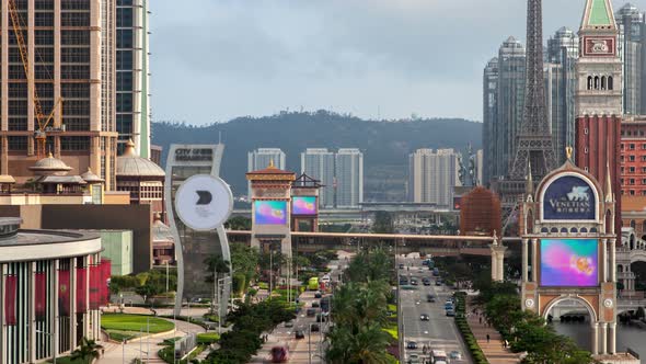 Cotai Macau Street Traffic Cityscape Day Timelapse Pan Up alt